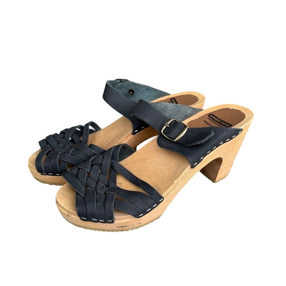 Made in Sweden Black Leather Clogs Wood Block Heel Sandals Size 39